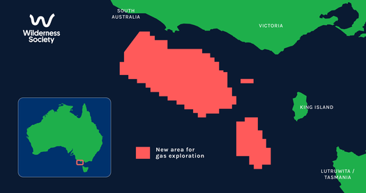 Image of a map which shows the area for gas exploration around the Victorian and Tasmanian coasts